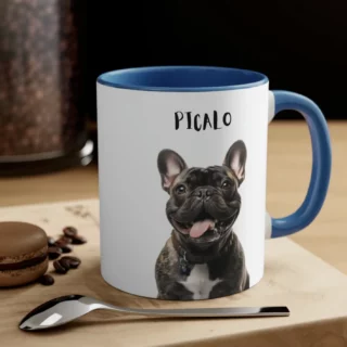 Customized blue mug featuring a photo of a French Bulldog named PICCALO.