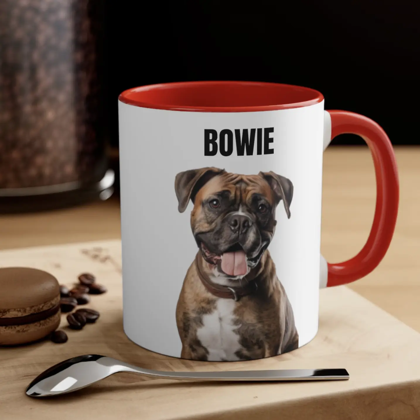 Customized red mug with a loving portrait of a dog named BOWIE