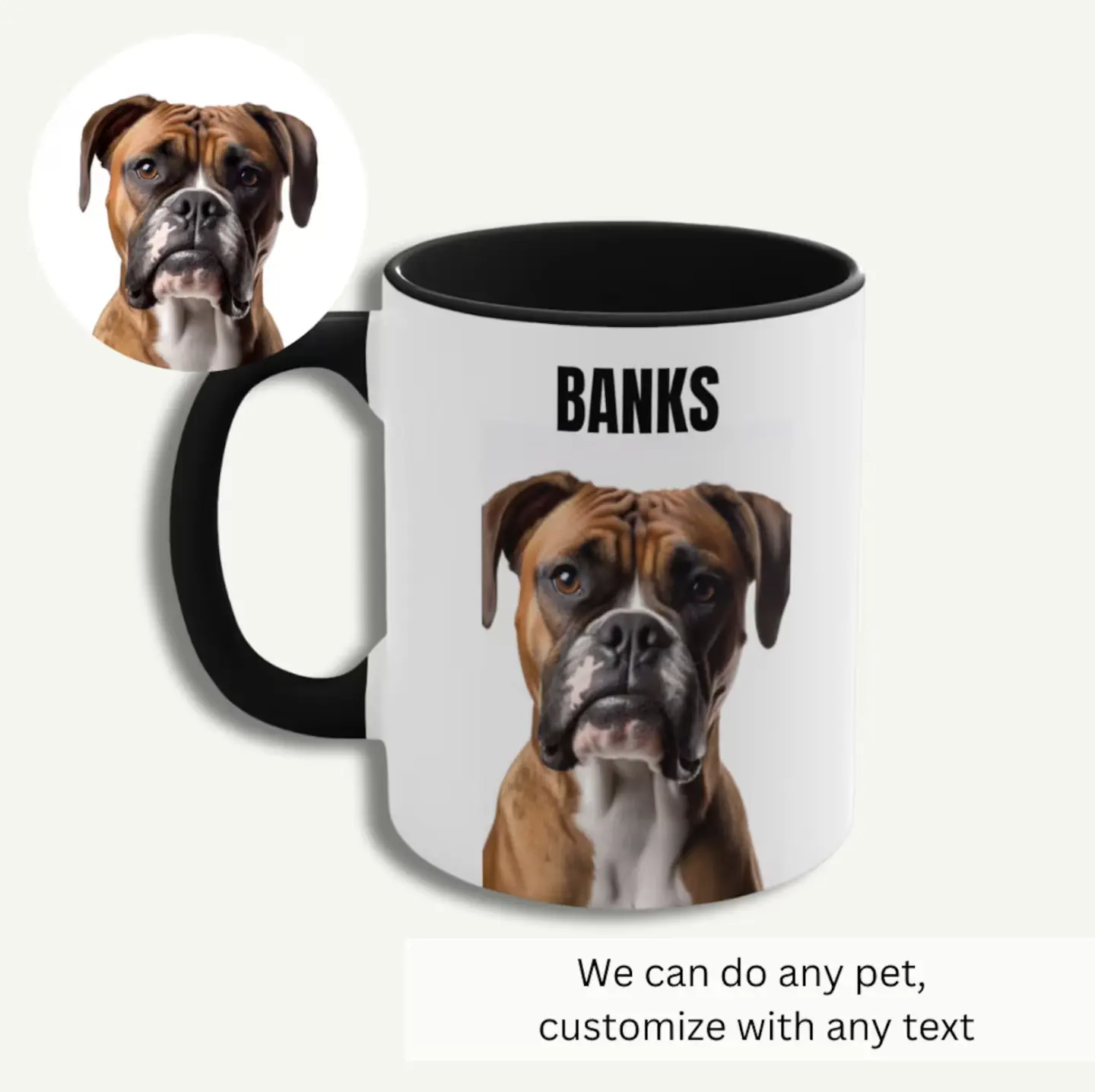 Personalized mug with a black handle featuring a boxer named BANKS.