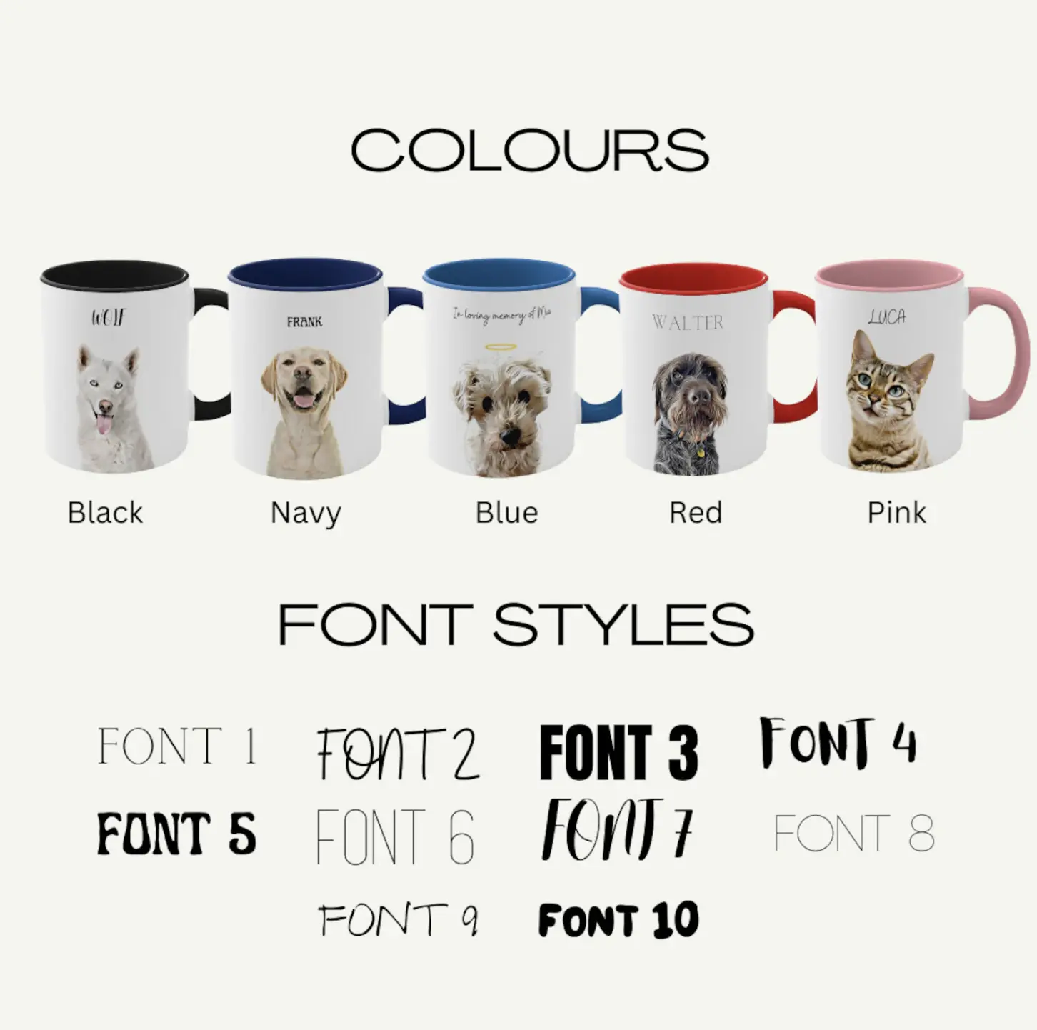 Custom mugs displayed in various colors with different font style options.