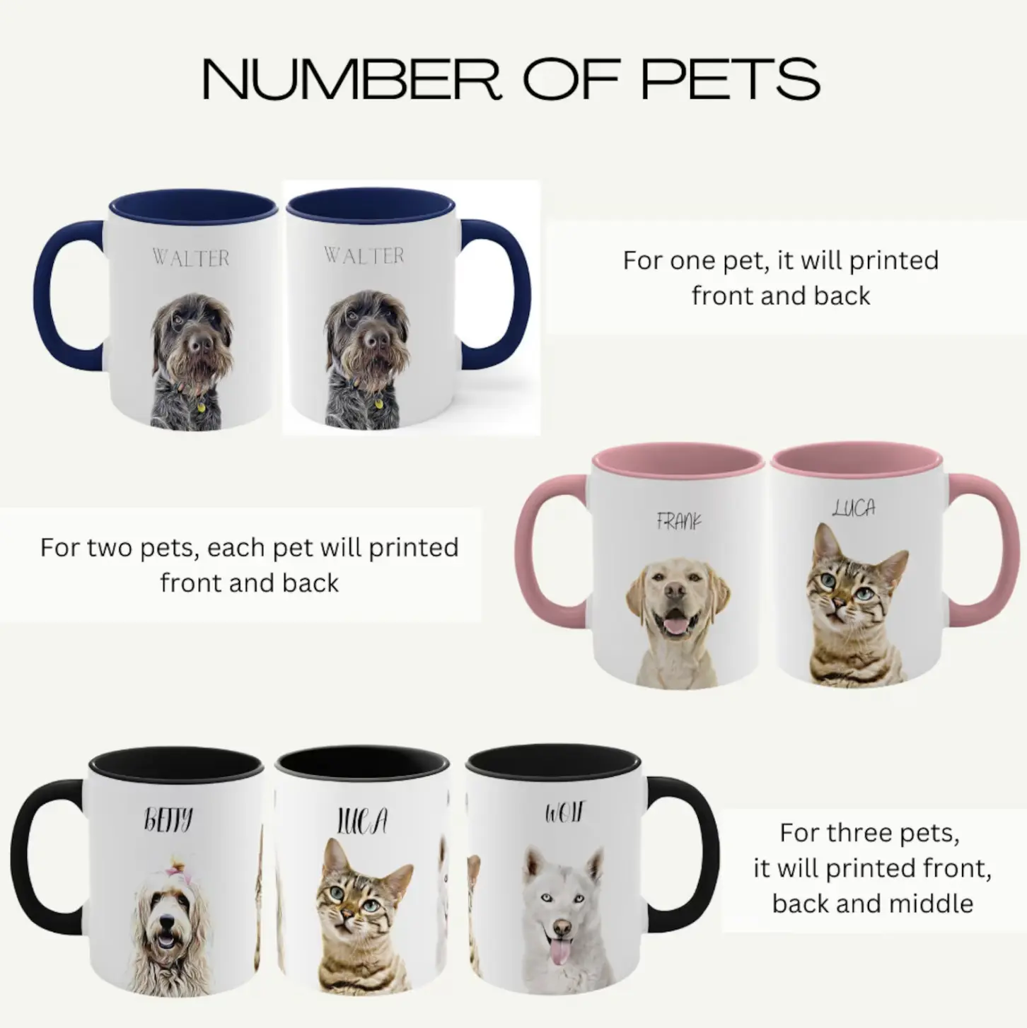 Personalized mugs showing options for one, two, or three pets printed