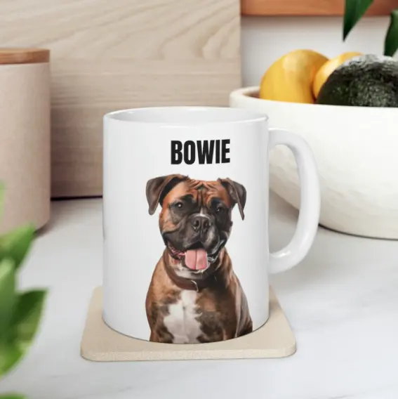 Custom mug with a photo of a brown and white dog named BOWIE