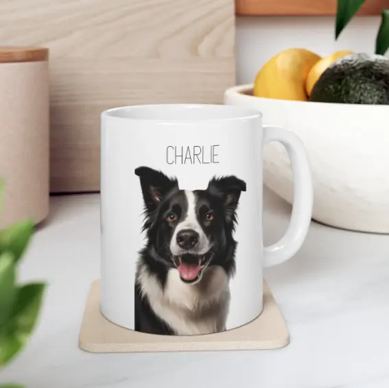 Custom mug with a photo of a black and white dog named CHARLIE.