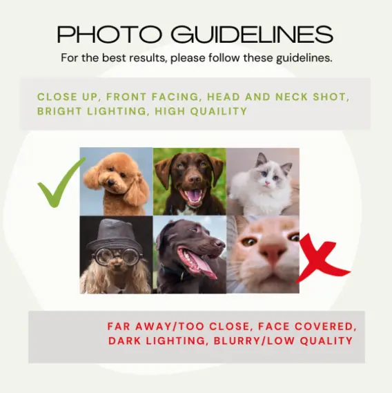 Photo submission guidelines for custom pet tumblers, with do's and don'ts illustrated