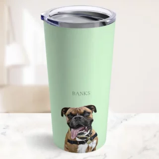 Custom green tumbler mug with personalized pet photo and name BANKS printed on the side.