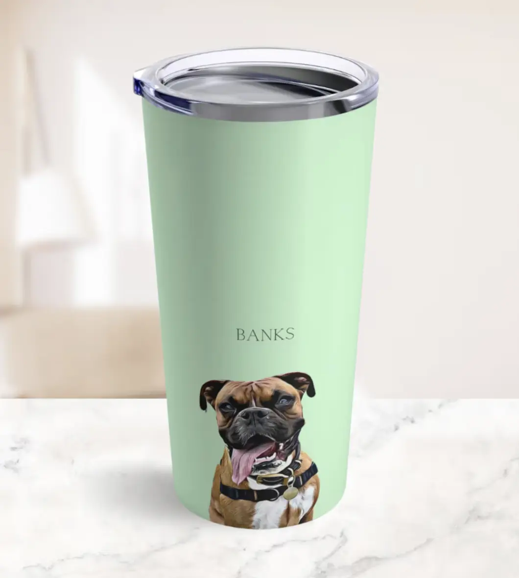 Custom green tumbler mug with personalized pet photo and name BANKS printed on the side.