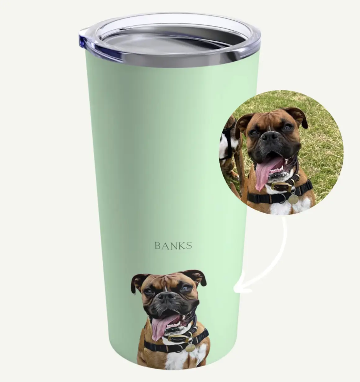 Personalized mint green tumbler mug with a circular photo print of a pet named BANKS.