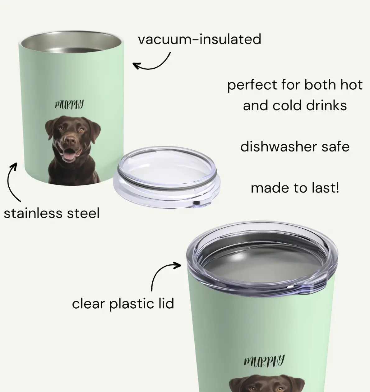 Detailed features of a custom tumbler mug including vacuum-insulated stainless steel, clear plastic lid, and suitability for hot and cold drinks.