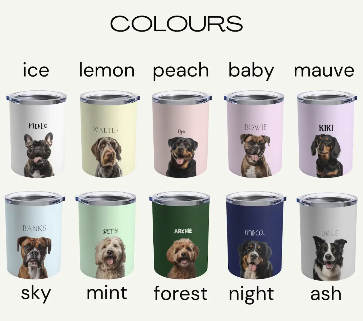 Custom pet portrait tumbler mugs available in a range of colors including ice, lemon, peach, and more, each with a unique pet name and photo.