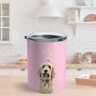 Custom pink pet tumbler with golden retriever 'Betty' portrait, perfect for pet lovers.