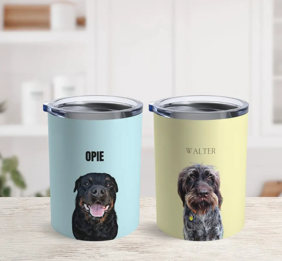 Personalized pet tumblers with 'Opie' the black dog and 'Walter' the terrier, in blue and yellow