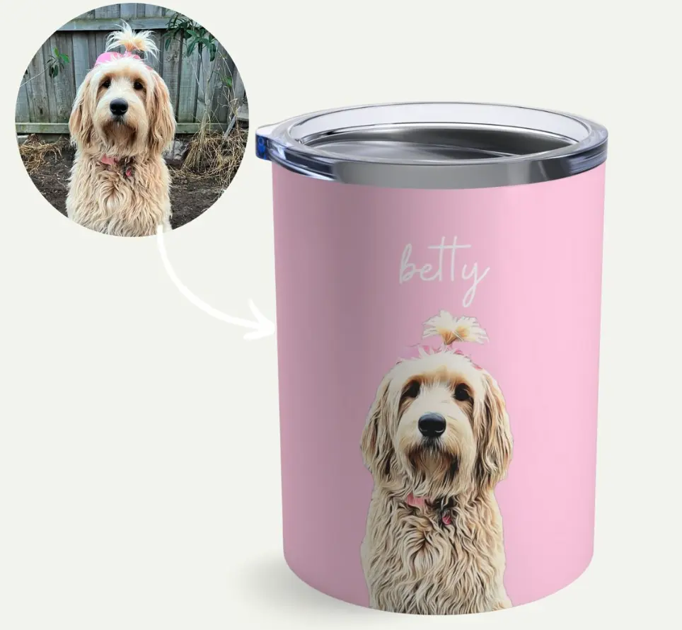 Sample customization process of a pink pet tumbler featuring a Groodle.