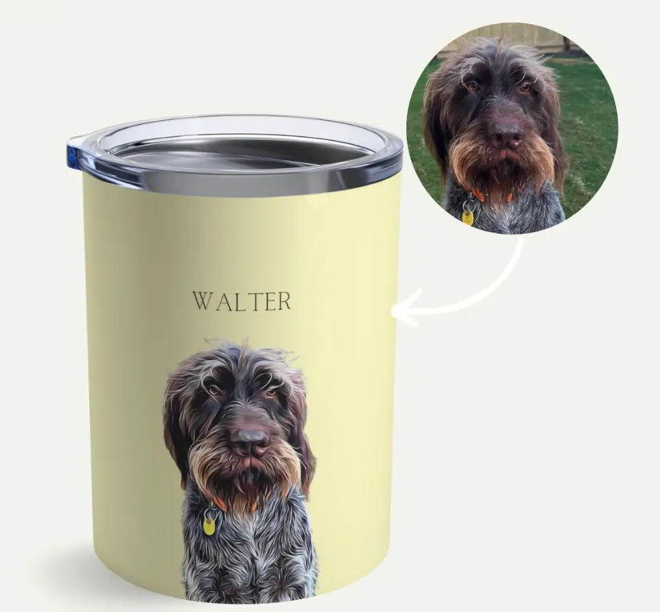 Example of a personalized pet tumbler with 'Walter' the terrier's portrait.