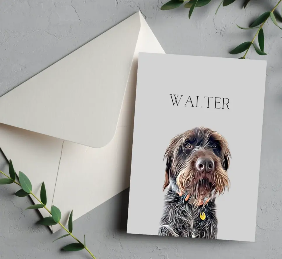 Personalized greeting card featuring a pet portrait of 'Walter', perfect for special occasions