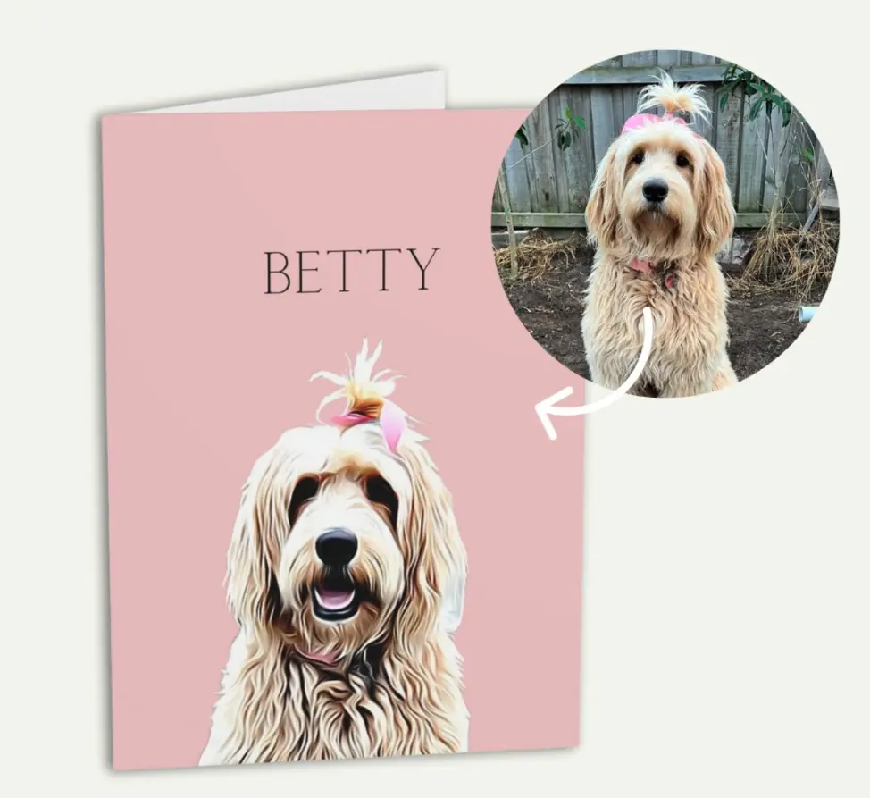 Charming 'Betty' personalized pet card, capturing the likeness of your cherished pet.