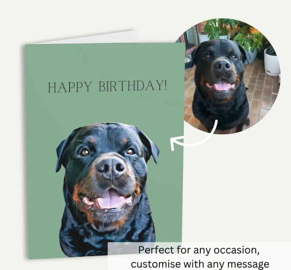 Customizable 'Happy Birthday' card adorned with a joyful pet portrait for celebration.