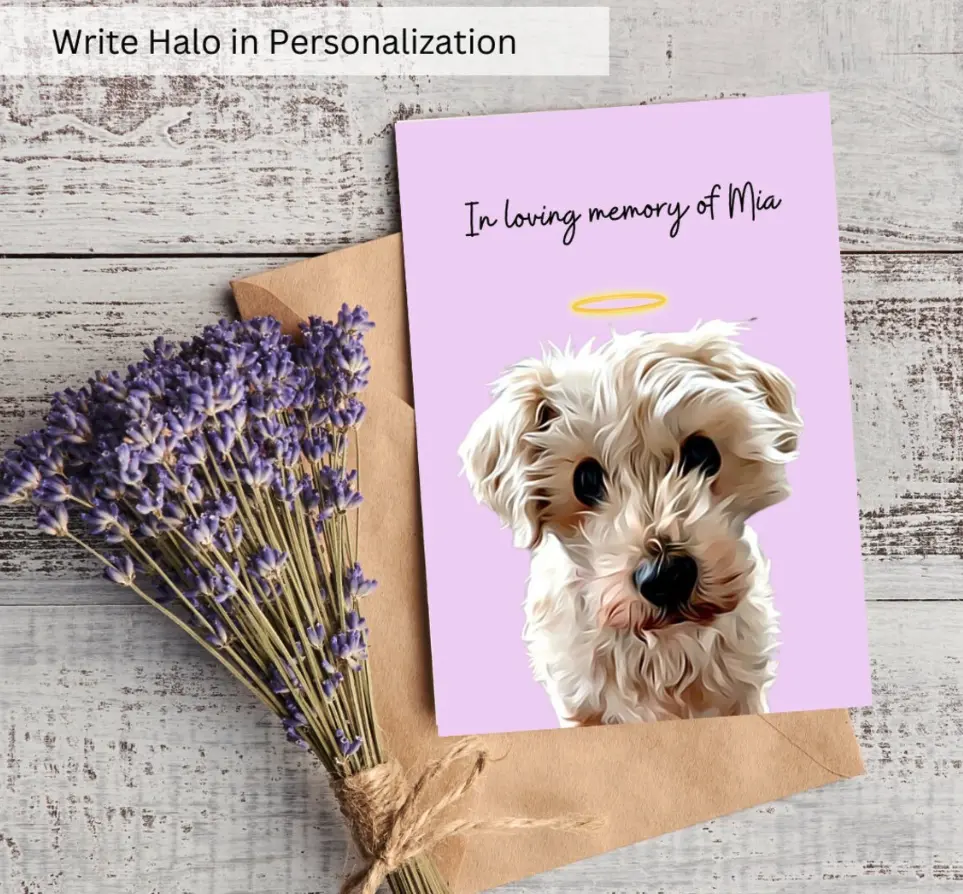 In loving memory of Mia' pet memorial card, honoring cherished moments