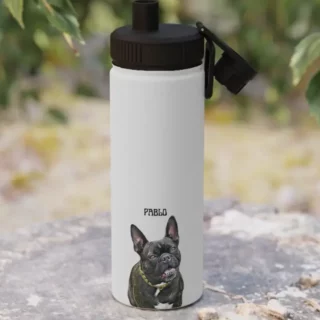 Custom white water bottle with 'Pablo' the black French Bulldog portrait and name.