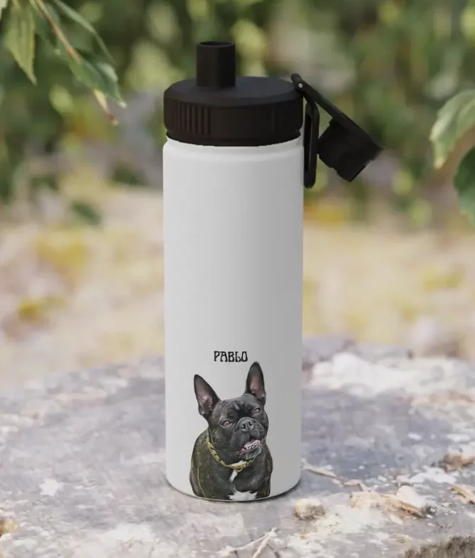 Custom white water bottle with 'Pablo' the black French Bulldog portrait and name.