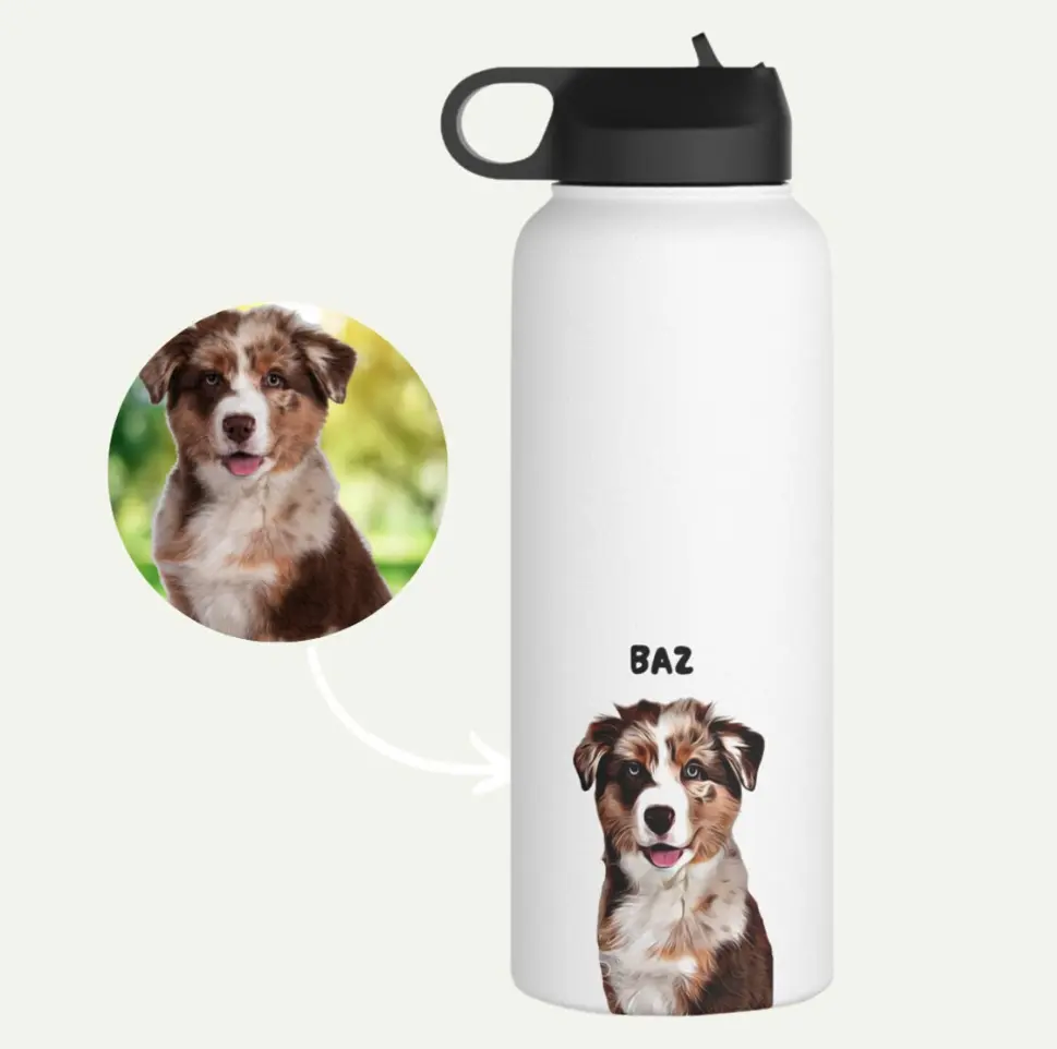 Example of personalized water bottle customization with 'Baz' the Australian Shepherd.