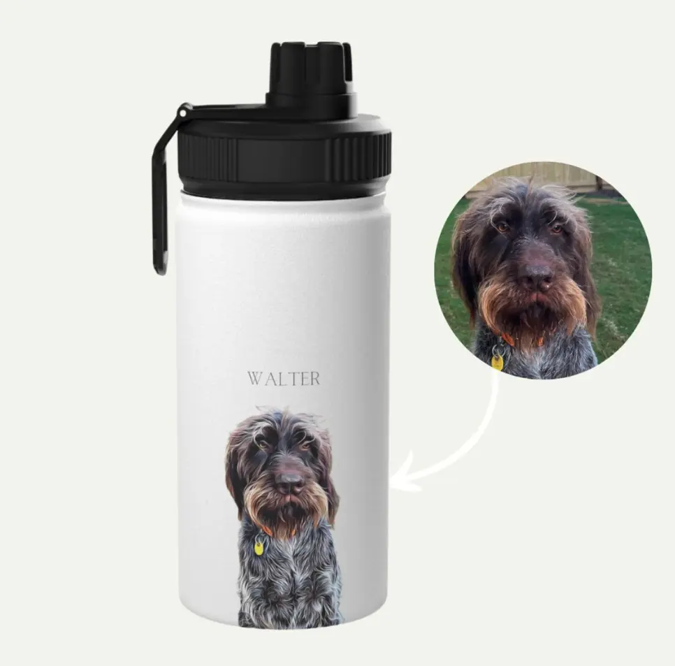 Customized white water bottle featuring 'Walter' the terrier's portrait and name