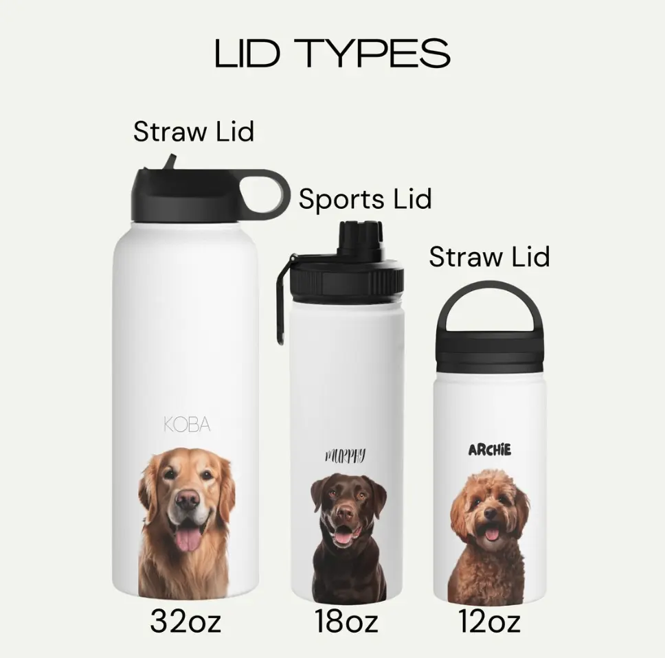 Different lid types for personalized pet water bottles, including straw and sports lids.