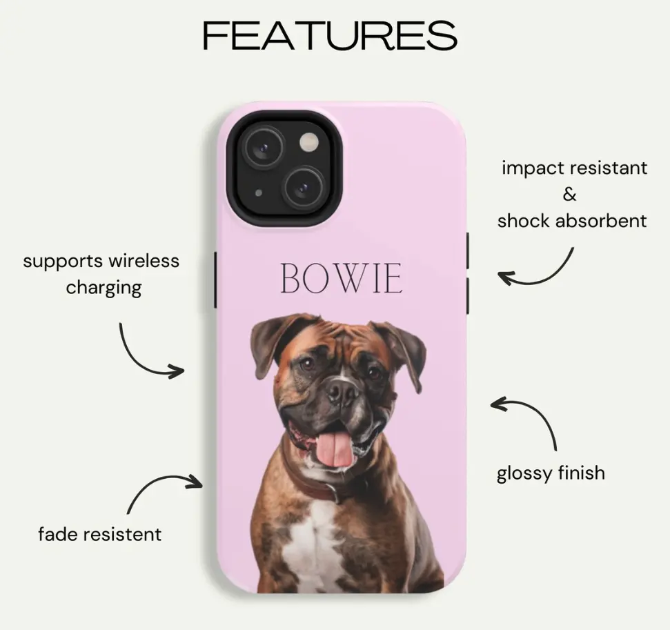 Features of the custom phone case with 'Bowie' the Boxer, including impact resistance and wireless charging compatibility.