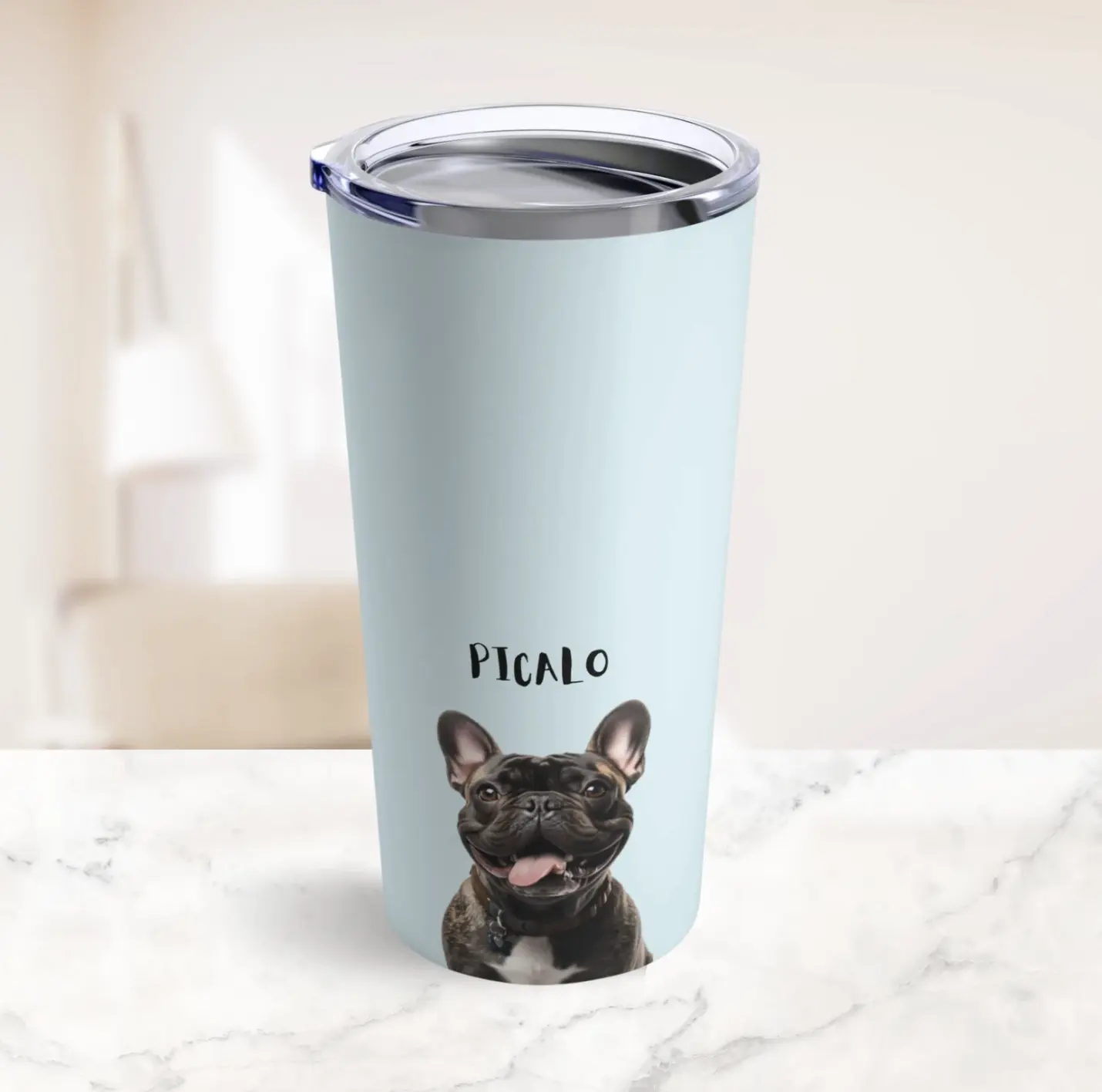 Customized light blue tumbler with a picture of a French Bulldog named Picalo.