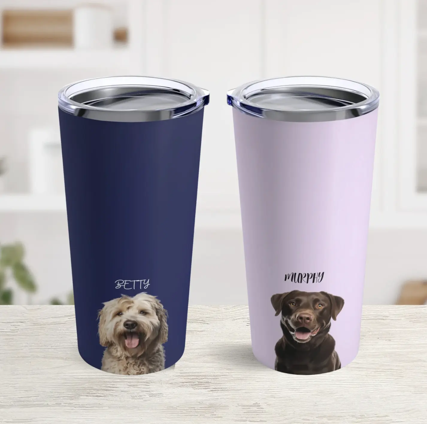 Custom navy and lavender tumblers featuring dogs Betty and Murphy.