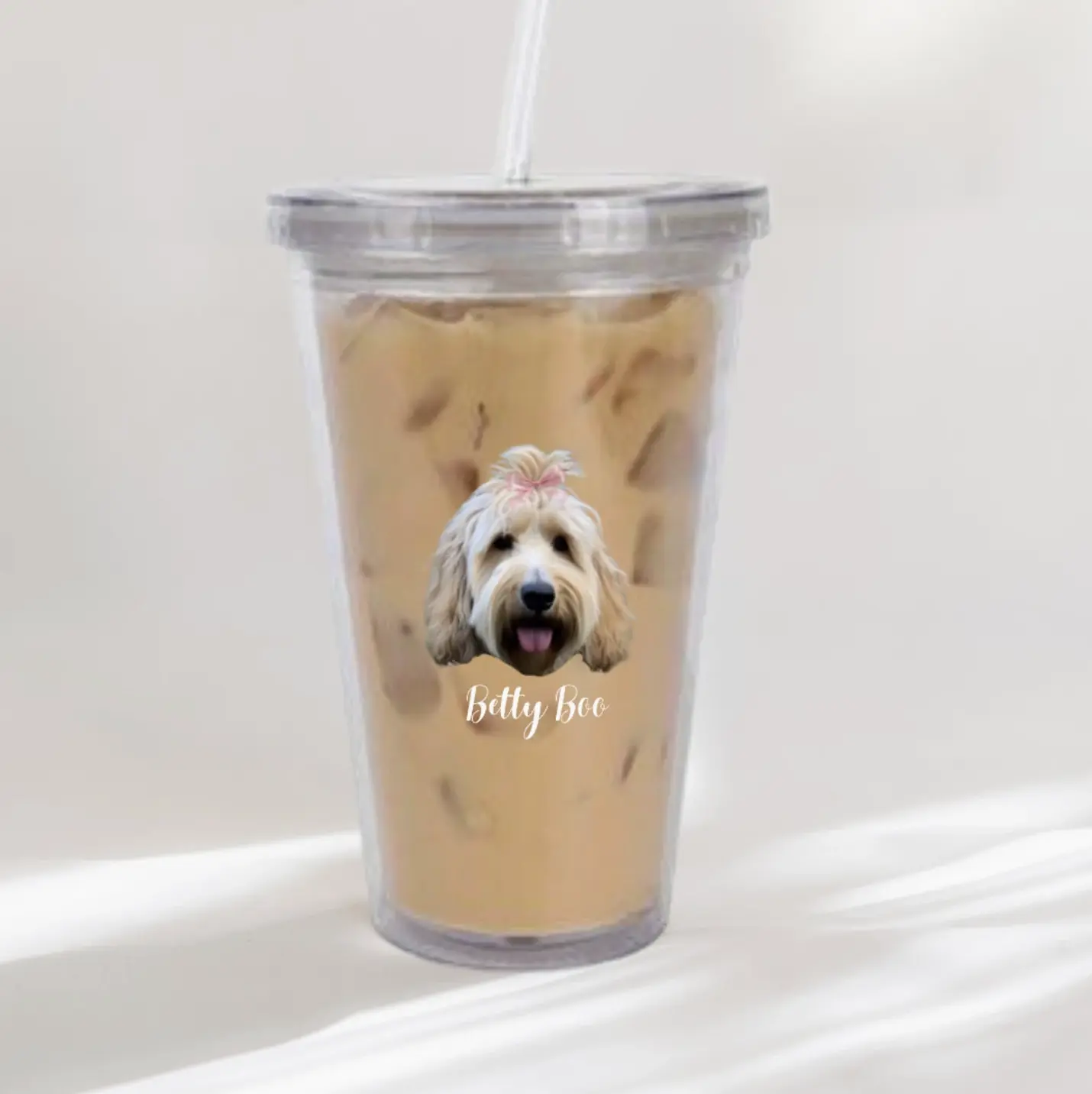 Customized clear acrylic cup with Golden Groodle image and personalized name 'Betty Boo' printed on the side