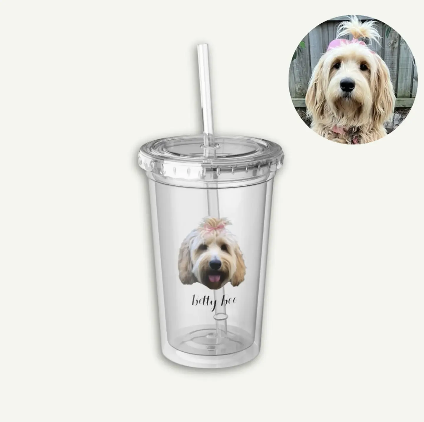 Clear acrylic tumbler with a Groodle's image and the name 'Betty Boo' plus a reusable straw