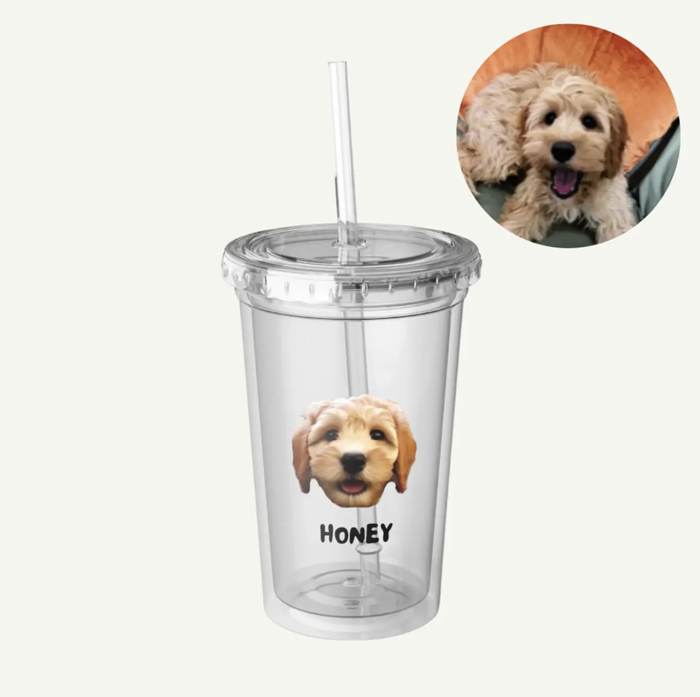 Customized tumbler with a Groodle puppy image and the name 'Honey', with a clear snap-on lid