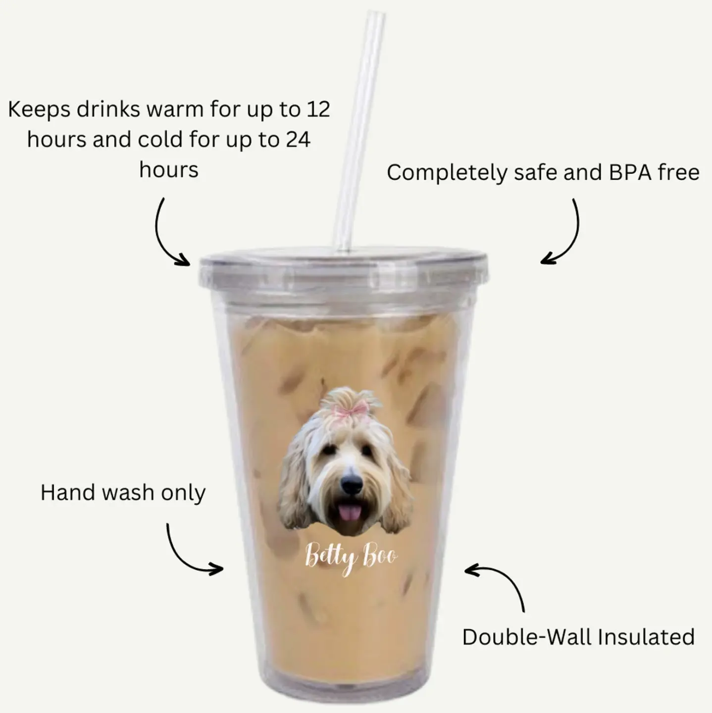 Insulated custom pet tumbler detailing its temperature retention capabilities and BPA-free status, featuring Betty Boo.