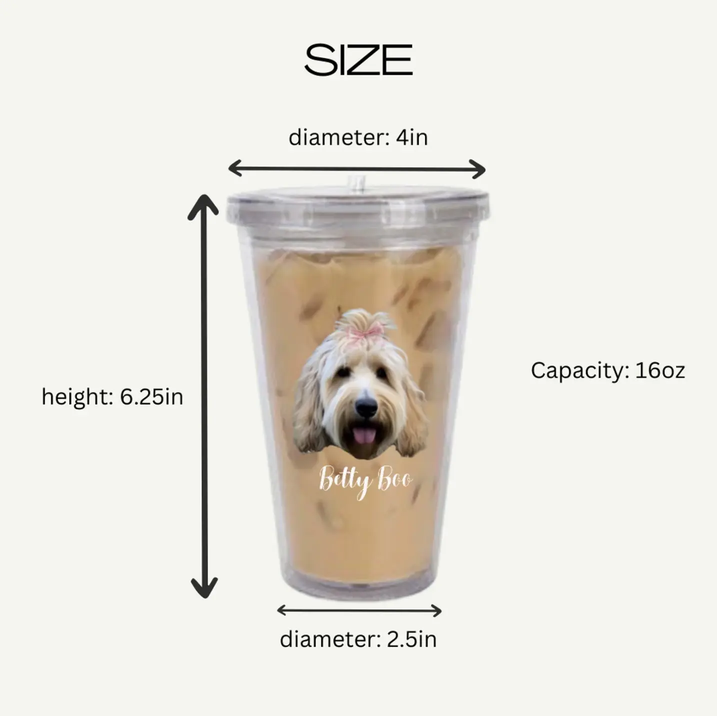 Dimensional specifications of the custom pet tumbler, named after Betty Boo, with a capacity of 16oz