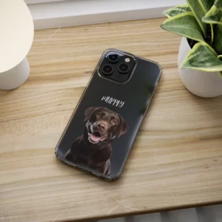 Custom black phone case with 'Murphy' the chocolate Labrador portrait, ideal for pet owners