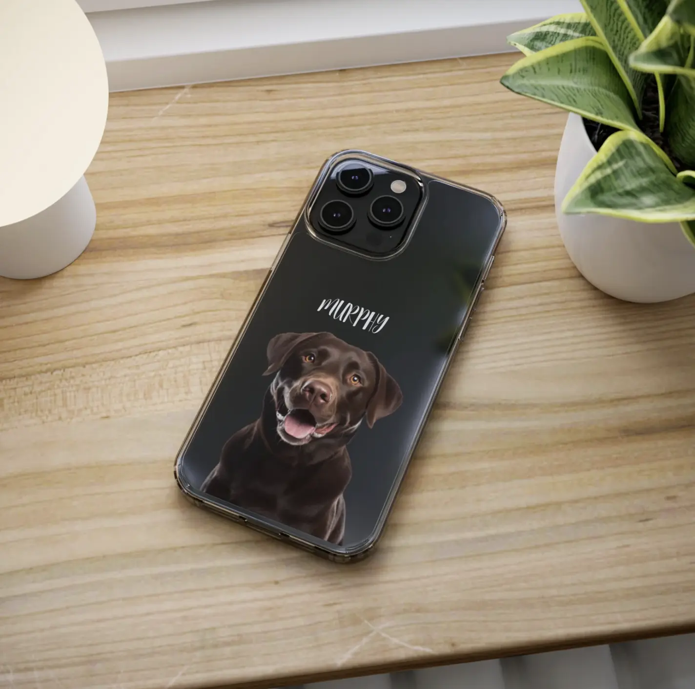 Custom black phone case with 'Murphy' the chocolate Labrador portrait, ideal for pet owners