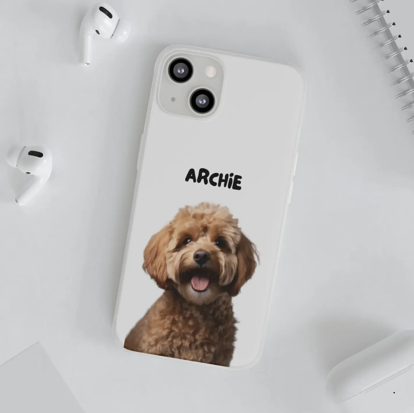 Custom white phone case with 'Archie' the poodle mix, perfect for showcasing your pet