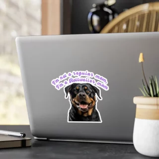 Custom 'I'm a Rottweiler mom' laptop sticker showcasing a smiling Rottweiler, perfect for dog parents.