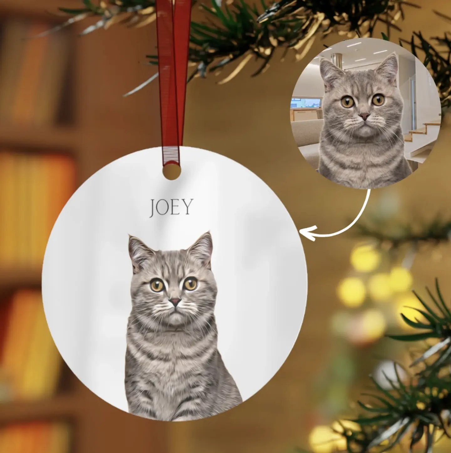 Personalized holiday ornament 'JOEY' with a grey tabby cat portrait.