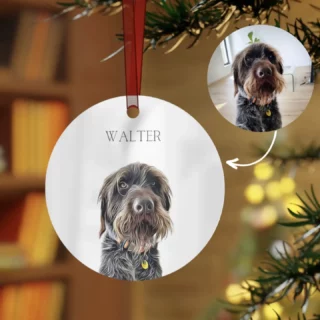 Custom Christmas ornament showcasing 'Walter' the German Wirehaired Pointer, with a photo insert option.