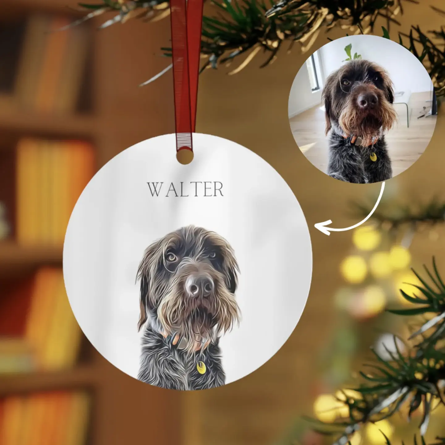 Custom Christmas ornament showcasing 'Walter' the German Wirehaired Pointer, with a photo insert option.