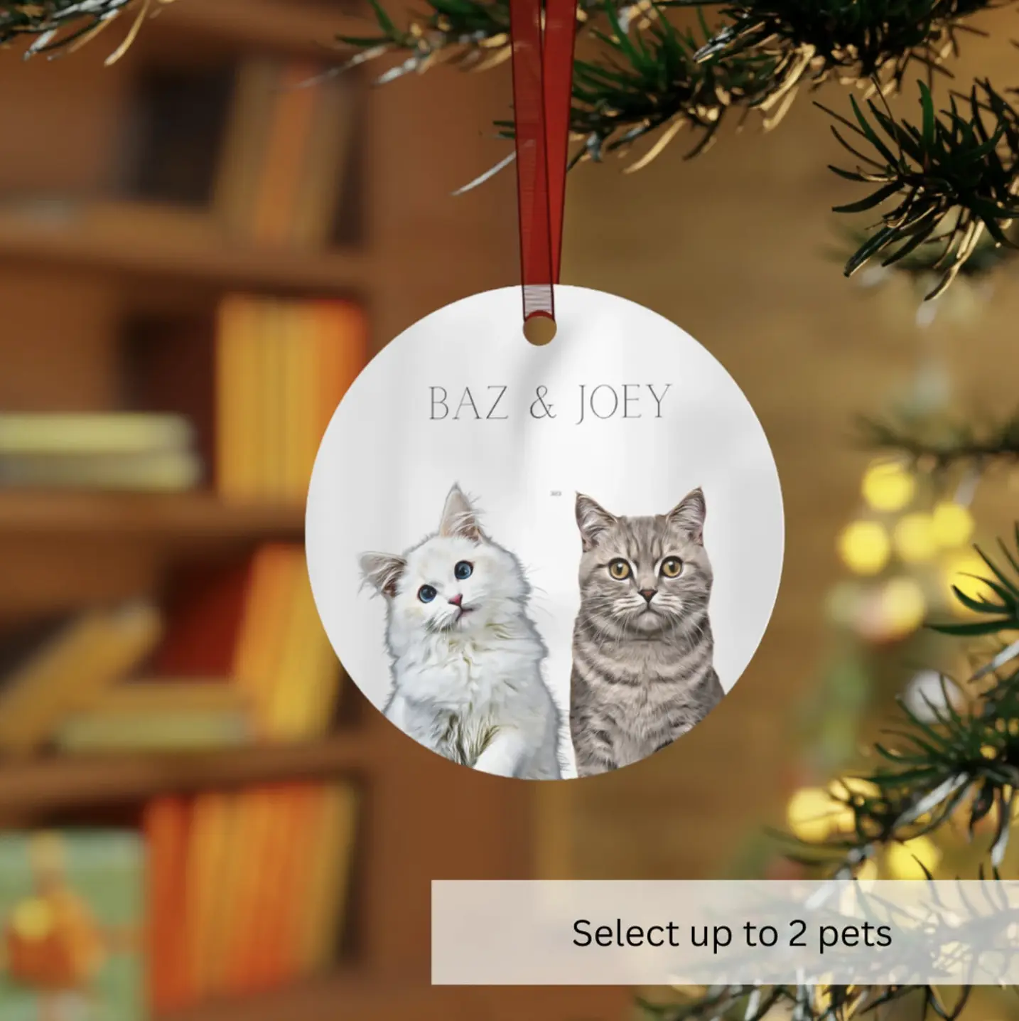 Custom Christmas ornament featuring portraits of 'Baz' the fluffy white cat and 'Joey' the striped cat