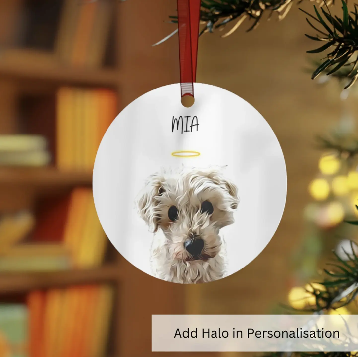 Personalized Christmas ornament featuring a hand-drawn illustration of a small white dog named Mia with a halo.