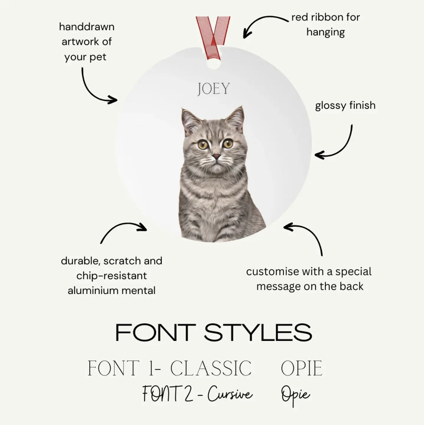 Personalized pet ornament displaying a hand-drawn portrait of a grey tabby cat named Joey