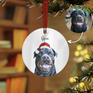 Custom Christmas ornament featuring a black dog named Opie in a Santa hat based on a photo submission.