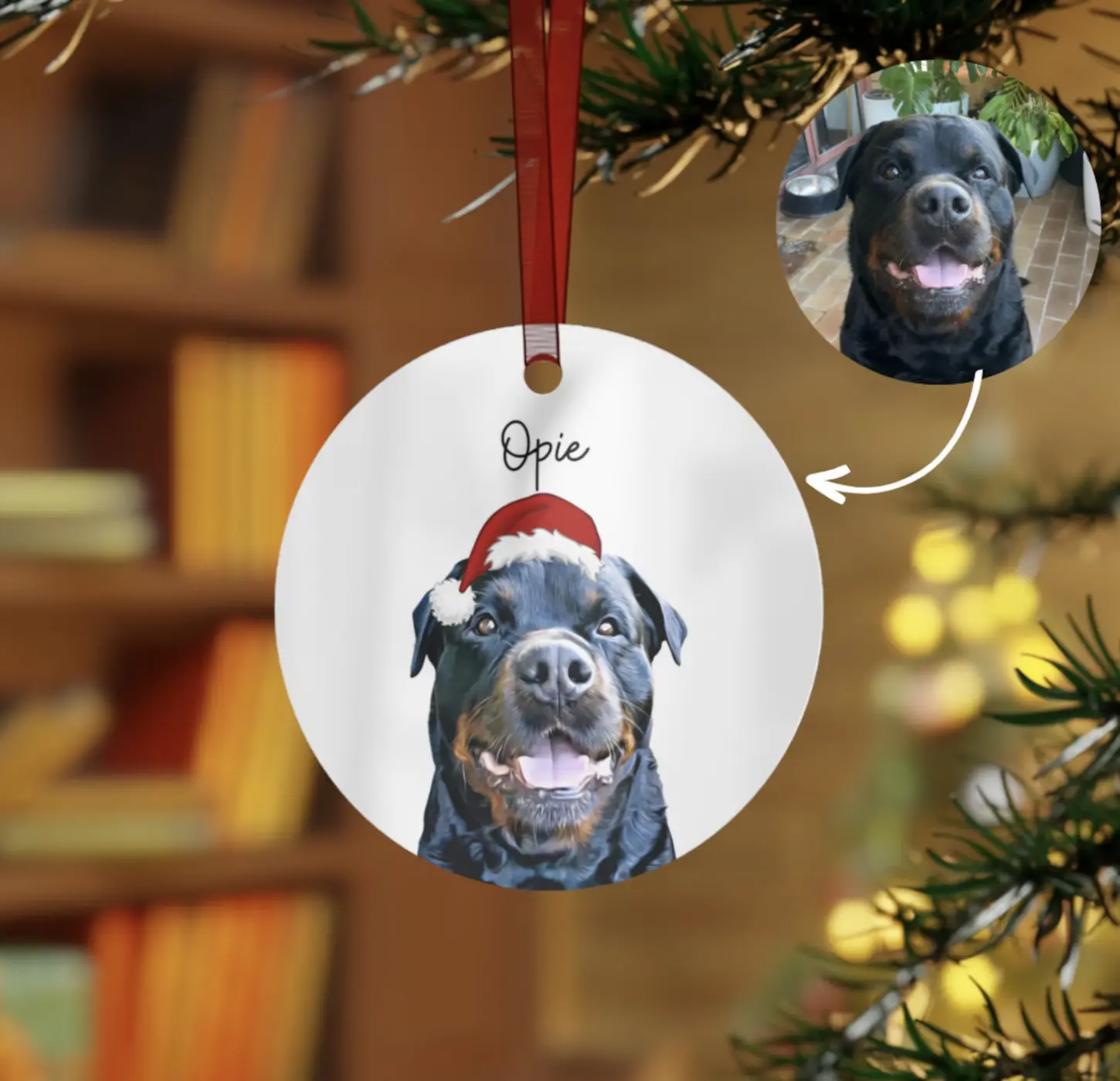 Custom Christmas ornament featuring a black dog named Opie in a Santa hat based on a photo submission.