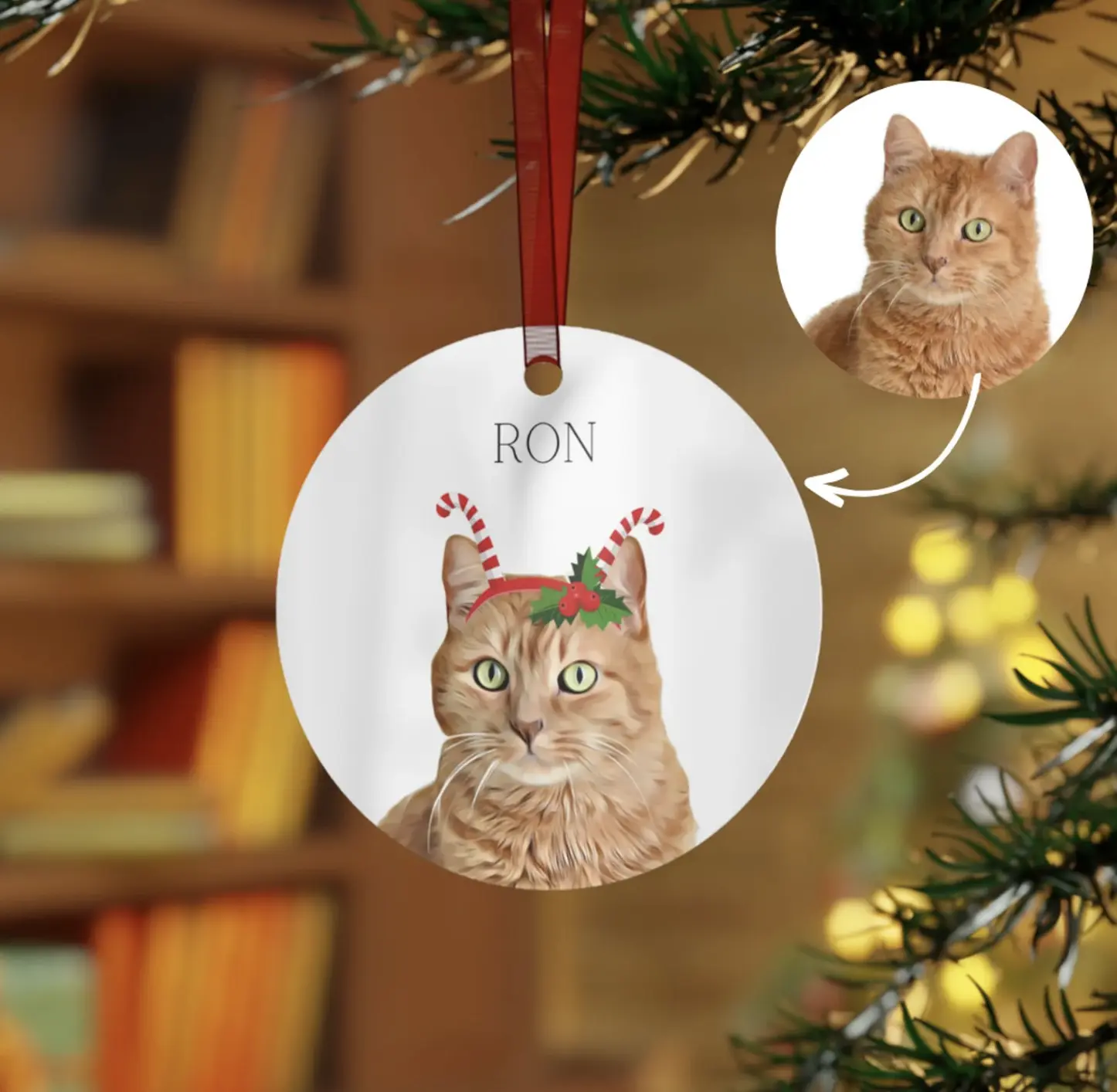 Personalized holiday ornament showcasing a golden tabby cat named Ron with festive headgear