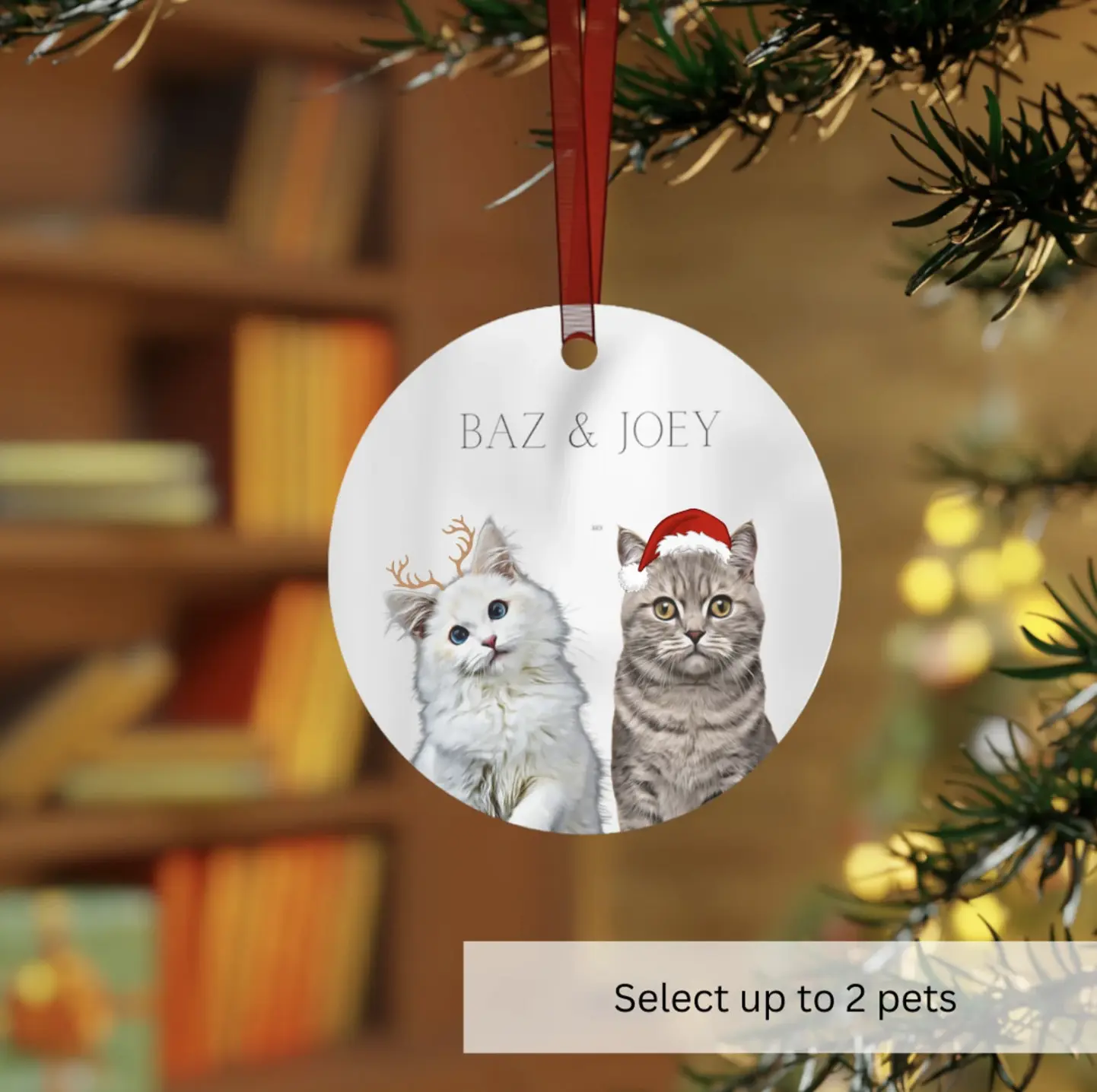 Customizable Christmas ornament for two pets, featuring portraits of cats named Baz and Joey.