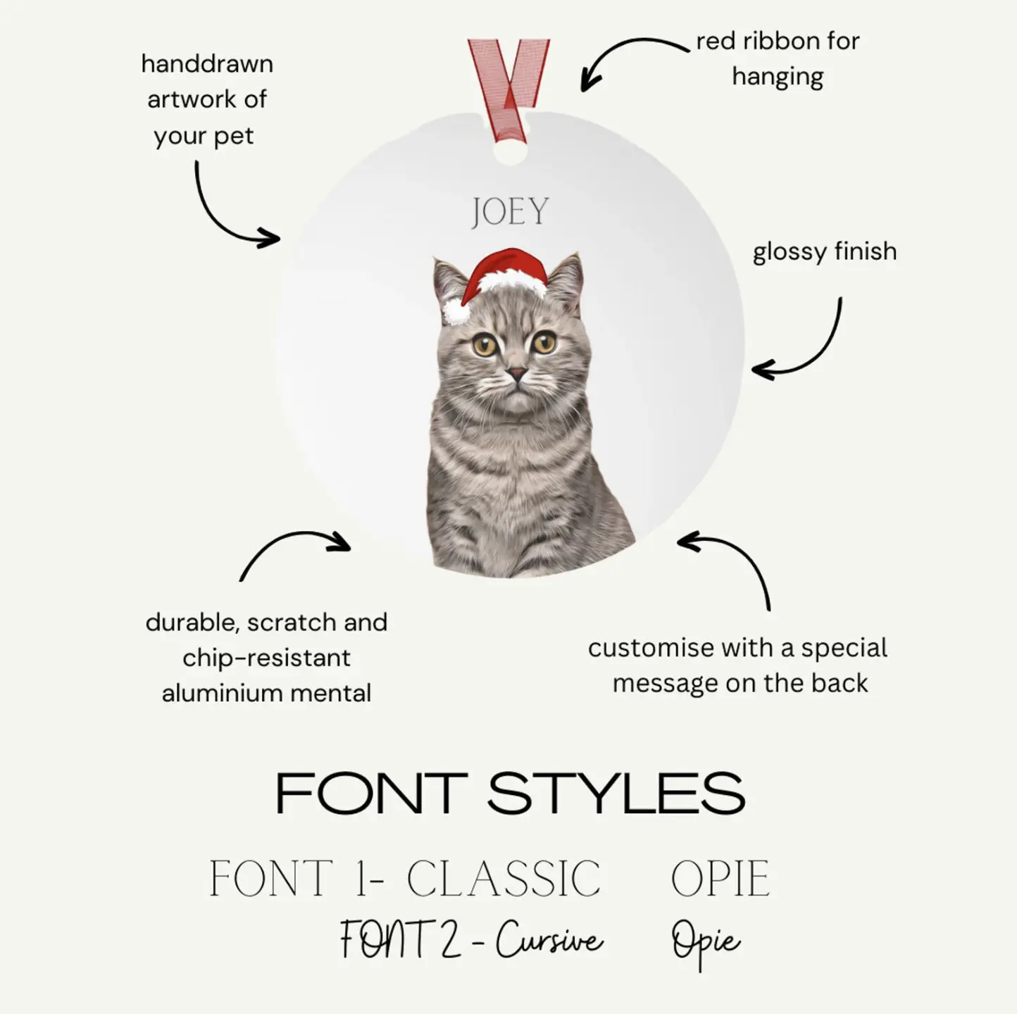 Custom holiday ornament featuring a grey tabby cat named Joey with a Santa hat and available font styles