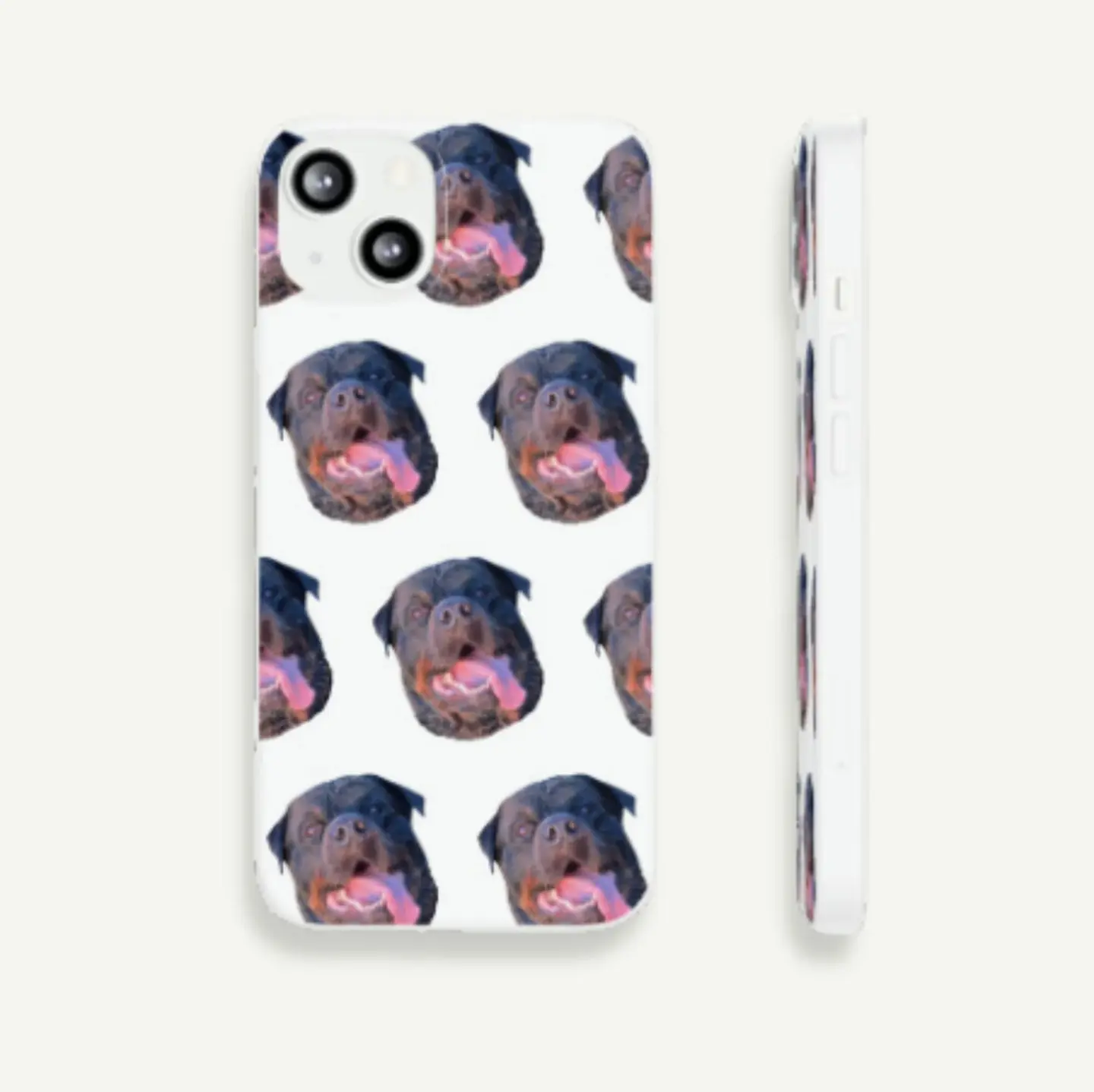 A full view of a smartphone adorned with a custom Rottweiler face pattern case, illustrating a personalized pet accessory